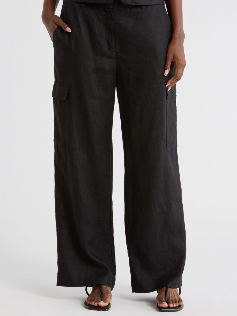 Eileen Fisher Black Wide-Leg Cargo Linen Blend Pants